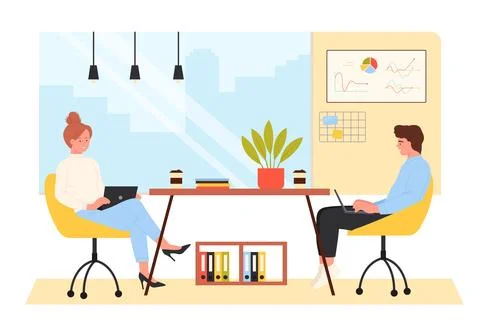 People work with laptops at trendy workplace, woman and man sitting at table Stockillustratie
