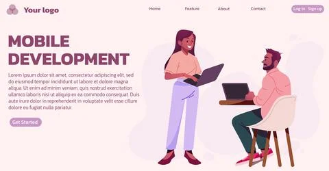 People work. Mobile development landing page. website design template. Digi.. イラスト素材