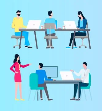 People at Work, Office with Busy Workers and Boss 스톡 일러스트
