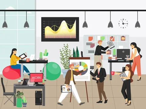People work in office vector illustration. Team of employees work in business Stock Illustration