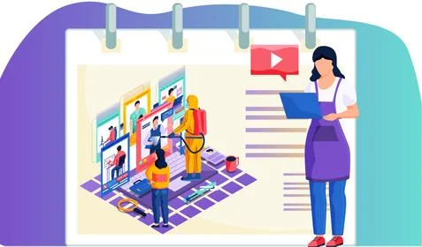 People work online while sanitary worker treat their workplaces with Stock Illustration