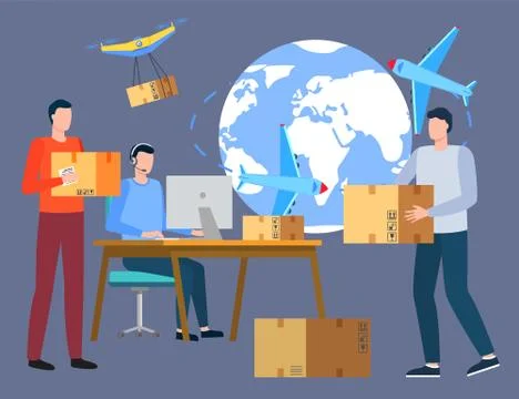 People Work at Postal Office, Worldwide Delivery 스톡 일러스트