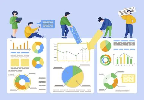 People Work on Project Report Together, Data Board Stock Illustration