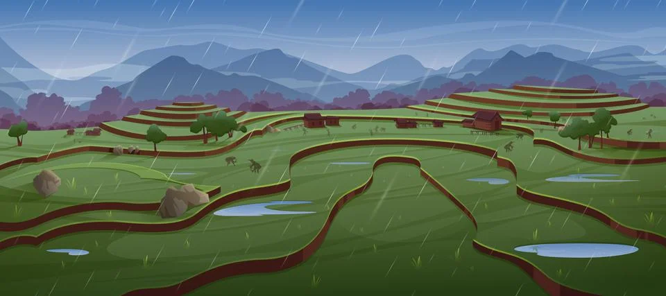 People work on rice fields in rain Stock Illustration