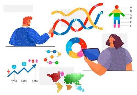 People work with statistical data analysis, changing indicators, analyze test Illustrazione stock