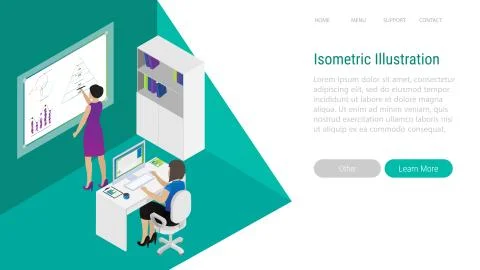 People work in a team and interact with graphs. Stock Illustration