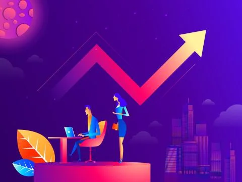 People work in a team and interact with graphs. Business, workflow management Illustrazione stock