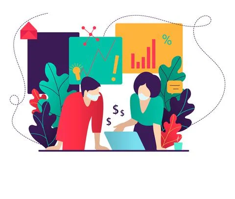 People work in a team and interact and wearing masks. Illustrazione stock