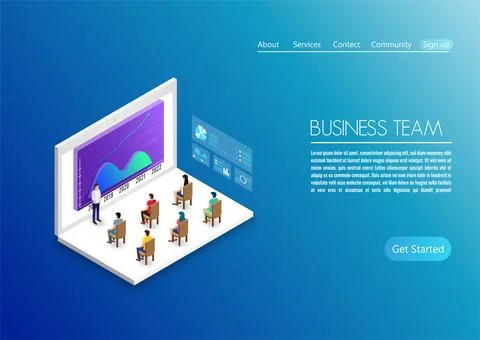 People work in a team and interact with graphs. Business, workflow manageme.. Stock Illustration