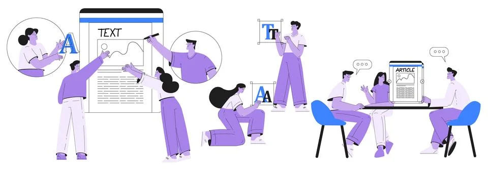 People Work with Text Editing and Writing Article Vector Set Stock Illustration