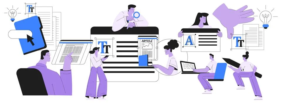 People Work with Text Editing and Writing Article Vector Set Stock Illustration