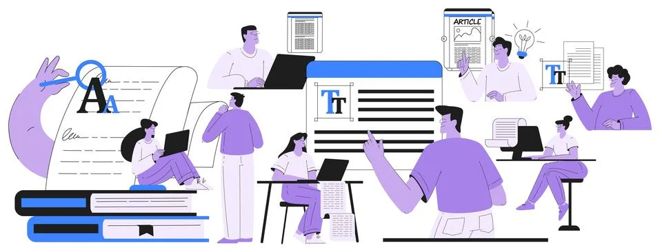 People Work with Text Editing and Writing Article Vector Set Stock Illustration