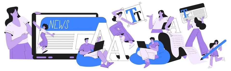 People Work with Text Editing and Writing Article Vector Set Stock Illustration