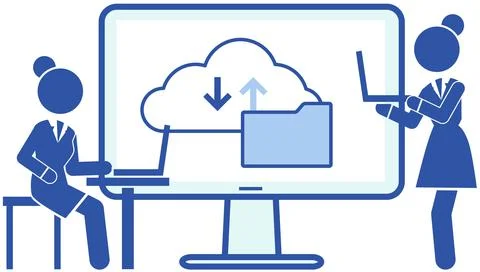 People work with virtual cloud storage. Program for saving information and Stock Illustration