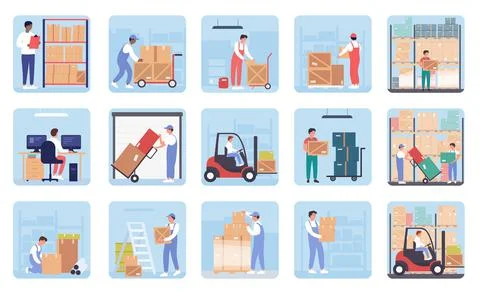 People work in warehouse storage, logistic service set, workers carry cardboard Stock Illustration