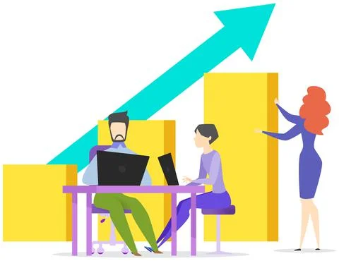 People working with bar chart using computers. Colleagues analyse report with Illustrazione stock