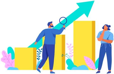 People working with bar chart using magnifier. Data analysis business statistics Stock Illustration