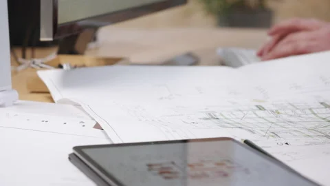 People working on blueprints in office Stock Footage 149243028