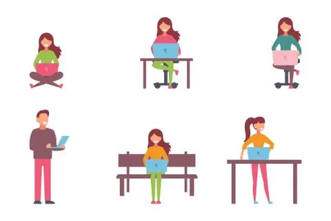 People working on computer and home and in office flat icons isolated vector  스톡 일러스트