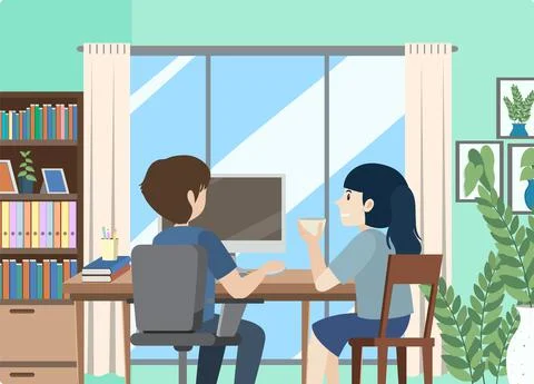 People working on computer at home 스톡 일러스트