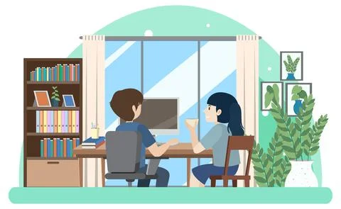 People working on computer at home Stock Illustration