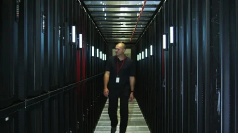 People working in computer server room data center. Walking along rows of super 스톡 동영상 32722637