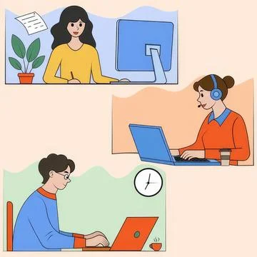 People working at computers in different settings Illustrazione stock