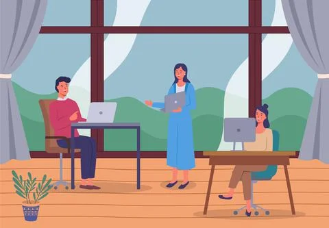 People working with computers, laptops in office, colleagues communicating with Stock Illustration