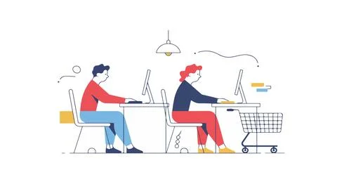 People working on computers in a minimalist style Stock Illustration