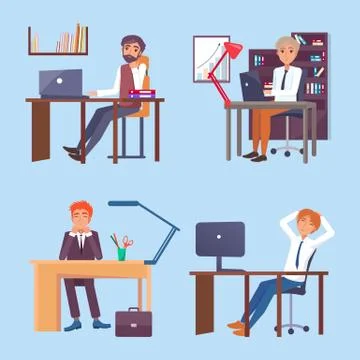 People Working at Computers in Office Vector Set Stockillustratie