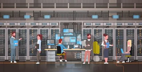 People Working In Data Center Room Hosting Server Computer Monitoring Stock Illustration