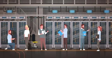 People Working In Data Center Room Hosting Server Computer Monitoring Stock-Illustration
