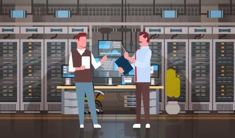 People Working In Data Center Room Hosting Server Computer Monitoring Stock Illustration