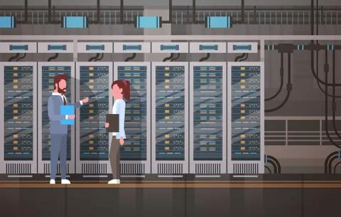 People Working In Data Center Room Hosting Server Computer Monitoring Stock Illustration