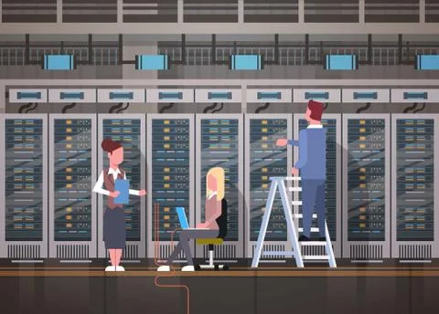 People Working In Data Center Room Hosting Server Computer Monitoring Stock Illustration