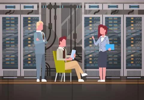 People Working In Data Center Room Hosting Server Computer Monitoring 스톡 일러스트