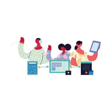 People working on data on computer. Illustrazione stock