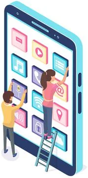 People working with development of mobile program for smartphone, application Illustrazione stock