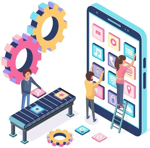 People working with development of mobile program for smartphone, application Stock Illustration