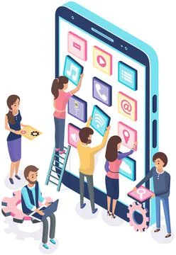 People working with development of mobile program for smartphone, application Illustrazione stock