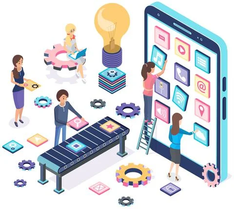 People working with development of mobile program for smartphone, application Stock Illustration