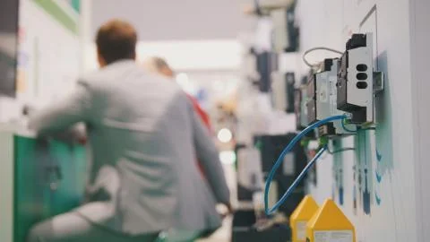 People working in high-tech industry room near electronic equipment Stock-Fotos