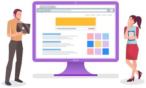 People working on interface, new design of website near pc monitor. Programming Stockillustratie