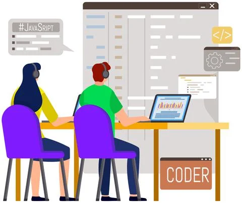 People working with laptop and computer at desk. Software developer programmer Stock-Illustration
