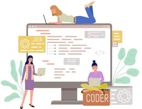 People working with laptop computer. Software developer programmer or system Stock Illustration