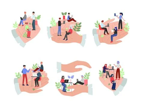 People working with laptop computers on human palms set. Safety, life insurance Stock Illustration