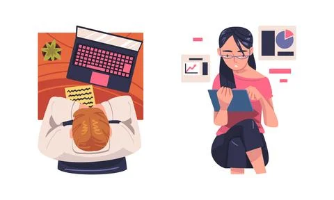 People working with laptop computers set. Online communication, distant work or Stockillustratie