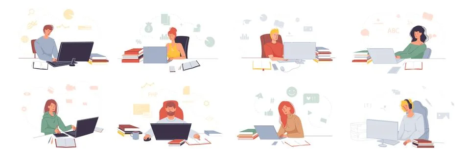 People working with laptop at home, in office set Stock Illustration
