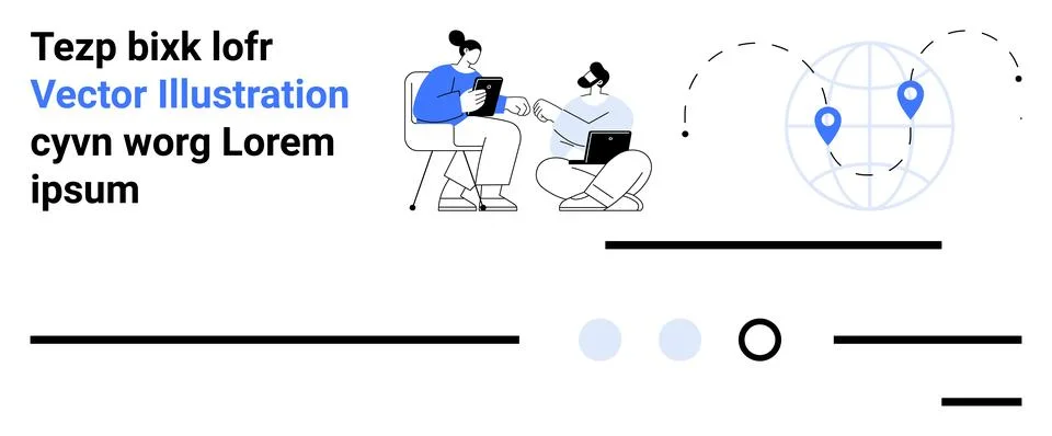 People working on laptops, globe with location pins, lines, and dots. Ideal f Stock Illustration