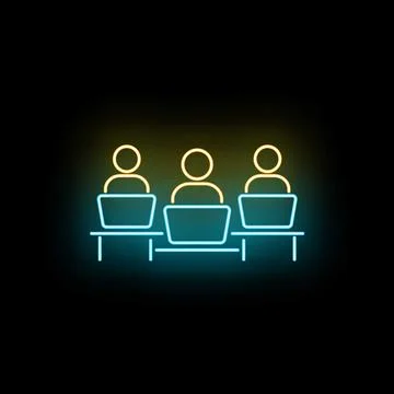 People working on laptops in neon digital workspace Stock Illustration